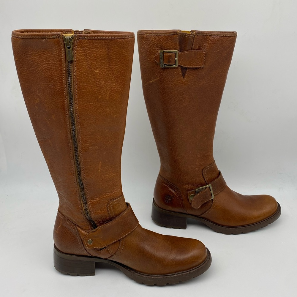 TIMBERLAND Women Boots Brown Genuine Leather Buckles 1.5" Block Heels in Women